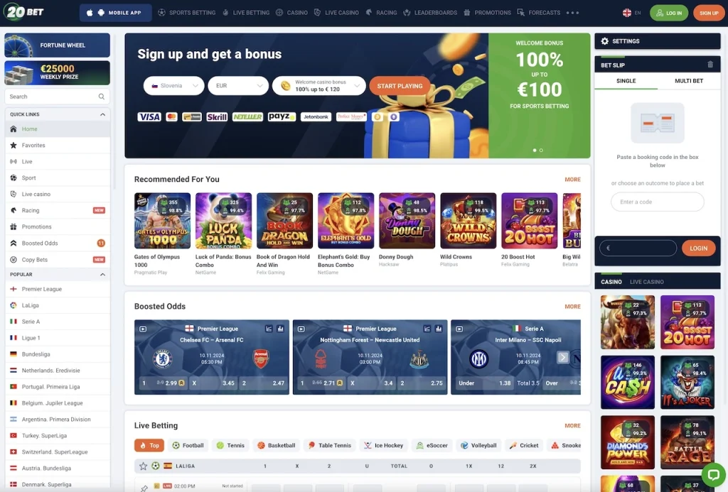 Bookmaker 20Bet homepage