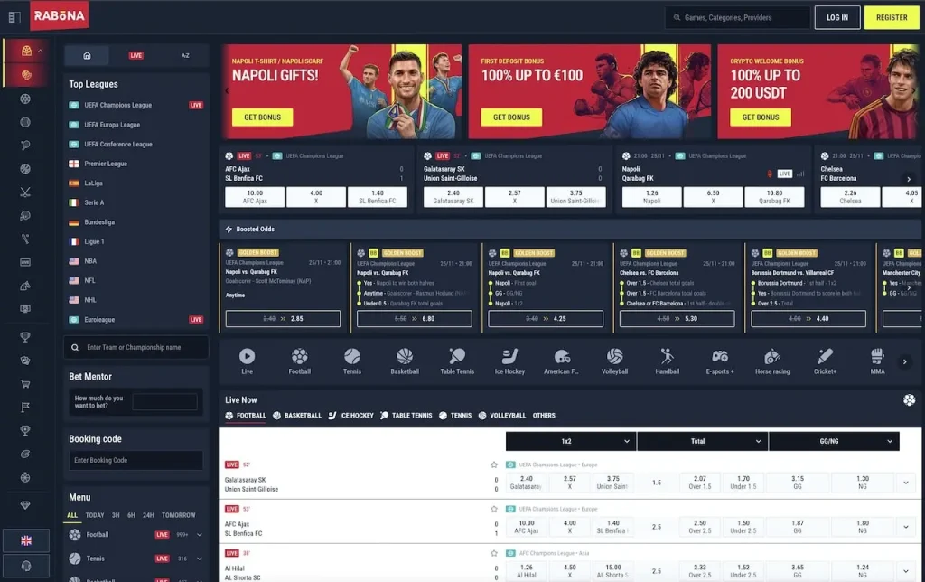 Bookmaker Rabona homepage